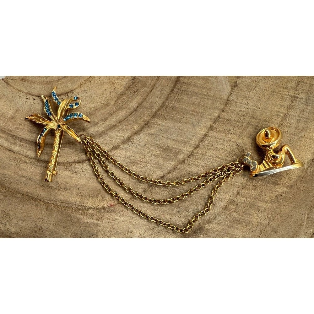 Mexican Palm Tree Double Brooch Pins Gold Tone Blue & Clear Rhinestones